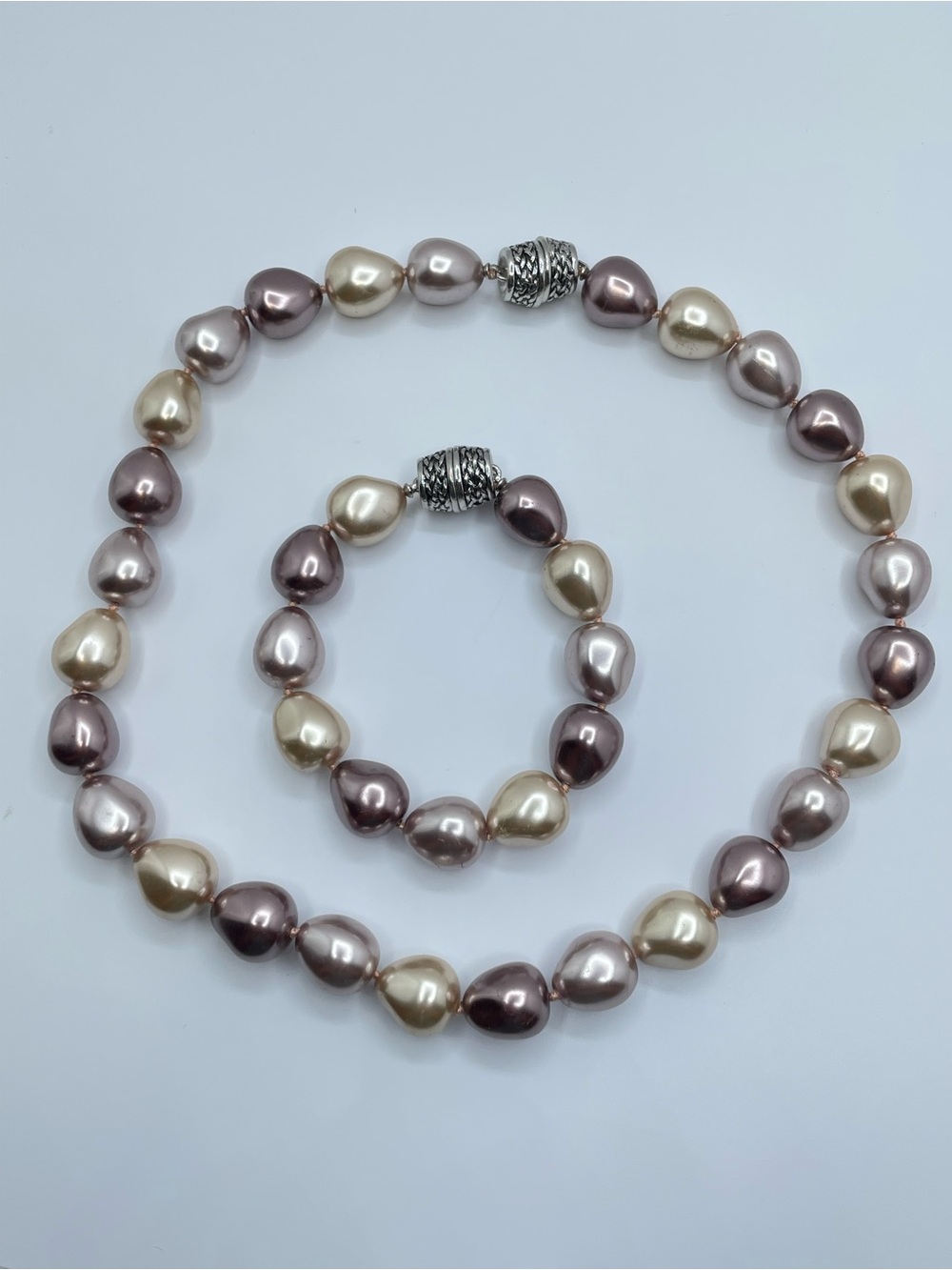 Faux Pearl Necklace Bracelet Set Magnetic Convertible Multi Strand Statement